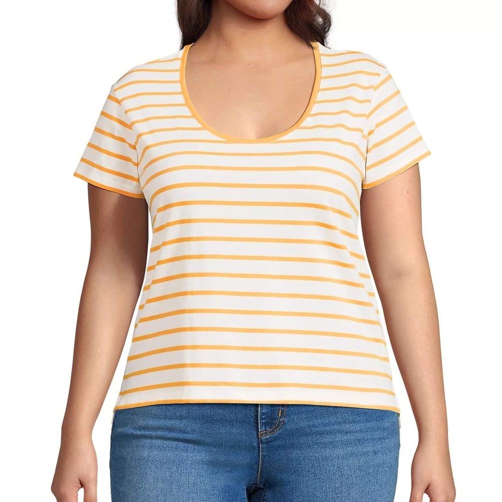 Lands End Supima‎ Cotton Tee Womens Plus 2X Orange Striped Scoop Neck Minimalist